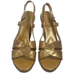 Aquatalia by Marvin K Gold Leather Multicolor Woven Platform Wedge Heel Sandals